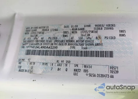 2009 Ford E-250 Commercial/Recreational z USA, uszkodzony, nr VIN 1FTNE24L49DA42295